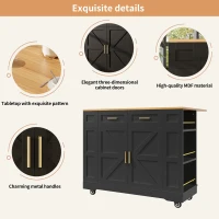 Elegant Kitchen Island Trolley with Wheels, Foldable Worktop, Black Kitchen Trolley with Double-Sided Storage, 120L x 40W x 90H cm, Black(m-6)