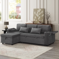 3-in-1 Convertible Corduroy Sofa Bed with Chaise and Charging Station, L-Shaped Sleeper Sofa with Armrest, 205L x 128W x 79H cm, Grey