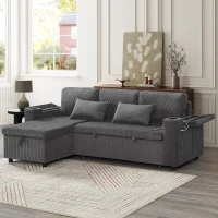3-in-1 Convertible Corduroy Sofa Bed with Chaise and Charging Station, L-Shaped Sleeper Sofa with Armrest, 205L x 128W x 79H cm, Grey(m-1)