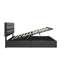 King Upholstered Bed Frame with Hydraulic Storage and LED Lighting, Bedside Equipped with Type-C and USB ports, 210L x 160W x 110H cm, Black(m-13)