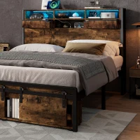 Metal Double Bed with LED Lights and Charging Ports, Practical Bed Base with Built-In Storage, 209L x 137.5W x 114.5H cm, Black+Natural(m-8)