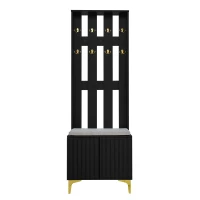 Elegant Wardrobe Set with Shoe Bench and Cushion, Adjustable Shelves, Closet Set Perfect for Entryway, 60.5L x 35W x 180.5H cm, Black(m-2)