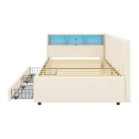 Single Daybed with Storage Drawers, LED Headboard and Charging Station, Linen Sofa Bed Ideal for Compact Rooms, 200L x 97W x 82H cm, Beige(m-10)