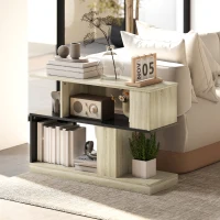 HOMCOM Beistelltisch in S-Form, 3 Ebenen Ablagen, 90 x 30 x 61 cm, Naturholzoptik Schwarz(m-2)