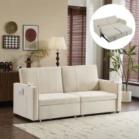 Versatile Sofa Bed with King-Size Independent Pull-Out and Fabric Design, Sleeper Sofa with Cup Holders and Pockets, 207L x 87W x 96H cm, Beige(m-8)
