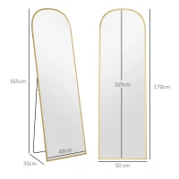 HOMCOM Miroir sur Pied et Mural Moderne en Alliage d'Aluminium avec Support Pliant, 50x170cm, Or(m-3)