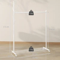 HOMCOM Appendiabiti con Ruote, 5 Ganci, Barra per Appendere e Ripiano Inferiore 20x43x171 cm Bianco(m-3)