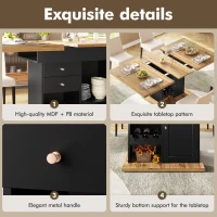 Telescopic Dining Table with Snack Shelf and Wine Rack for 4-6 People, Kitchen Table for Modern Living, 110L x 80W x 75H cm, Black+Natural(m-5)