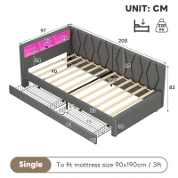 Single Daybed with Storage Drawers, LED Headboard, Charging Station, Linen Sofa Bed Ideal for Compact Rooms, 200L x 97W x 82H cm, Grey(m-3)
