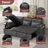3-in-1 Convertible Corduroy Sofa Bed with Chaise and Charging Station, L-Shaped Sleeper Sofa with Armrest, 205L x 128W x 79H cm, Grey(m-7)