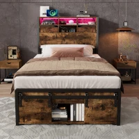 Modern Metal Single Bed with LED Lights and Charging Ports, Crafted Headboard with Sturdy Iron Slats, 209L x 90.5W x 114.5H cm, Black+Natural(m-6)