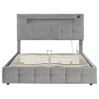 Double Upholstered Bed Frame with Hydraulic Storage, Velvet Bed with LED Lighting and Charging Station, 202.5L x 142W x 108H cm, Grey(m-2)