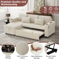 3-in-1 Convertible Corduroy Sofa Bed with Storage and Charging Station, L-Shaped Sleeper Sofa with Armrest, 205L x 128W x 79H cm, Beige(m-6)