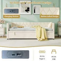 Upholstered Daybed with Charging Station, USB and Type-C Ports, Button-tufted Sofa Bed Perfect for Compact Room, 206L x 193W x 71H cm, Beige(m-4)