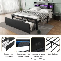 Metal Bed with LED Lights and Charging Ports, Bed Frame with Wheeled Drawers, Padded Storage, 209L x 137.5W x 100H cm, Black(m-5)