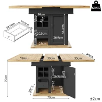 Extendable Dining Table with Modern Design for 4-6 People, Kitchen Table with Wine Rack and Drawers, 110L x 80W x 75H cm, Black+Natural(m-3)