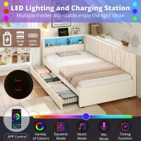 Single Daybed with Storage Drawers, LED Headboard and Charging Station, Linen Sofa Bed Ideal for Compact Rooms, 200L x 97W x 82H cm, Beige(m-4)