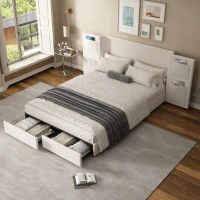 Upholstered Double Bed with Storage Drawers and Headboard Pockets, Bed Frame with Velvet and Plywood, 229L x 222.5W x 87.5H cm, Beige(m-6)