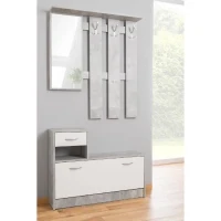 Vestiaire Rudolf - Décor béton structuré / blanc - 100 x 180 x 25 cm - 1 meuble a chaussures -  1 miroir - 4 crochets(m-3)