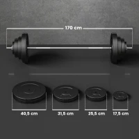 HOMCOM Barra de Pesos 70 kg Ajustáveis com 8 Discos de 1,5kg 5kg 10kg 15kg e 1 Barra para Treino de Força 170x40,5x40,5 cm Preto(m-3)