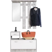 Vestiaire Rudolf - Décor béton structuré / blanc - 100 x 180 x 25 cm - 1 meuble a chaussures -  1 miroir - 4 crochets(m-6)