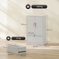 HOMCOM Mueble de Oficina en Acero con Estante Interno Ajustable y Cajón, 80x40x130 cm, Blanco(m-3)