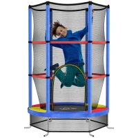HOMCOM Kindertrampoline met Veiligheidsnet, Elastische Veren, tot 45 kg Belastbaar, Stalen Frame, Ø140x160cm, Veelkleurig(m-12)