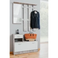 Vestiaire Rudolf - Décor béton structuré / blanc - 100 x 180 x 25 cm - 1 meuble a chaussures -  1 miroir - 4 crochets(m-4)