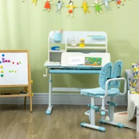 HOMCOM Kids Desk and Chair Set, with Storage Shelves, Washable Cover, for Ages 3-12 Years - Blue(m-9)