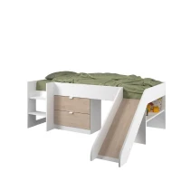PARISOT SLIDE - Lit toboggan enfant - Décor Blanc et Chene Jackson - Sommier inclus - 90 x 200 cm(m-1)