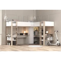 Lit double mezzanine combiné enfant ALEXANDRA avec 2 bureaux et rangements - 2x90x200 cm - Blanc/Chene - Sommiers inclus - PARISOT(m-6)