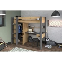 Lit combiné mezzanine enfant PARISOT HIGH - Chene et gris - Sommier inclus - 90 x 200 cm(m-2)