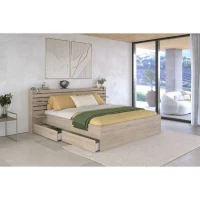 Lit adulte ESCALE 180x200 cm - Décor chene du Japon - 2 tiroirs + Tete de lit - L235.4 x H98,2 x P216,8 cm - Fabriqué en France(m-2)