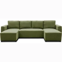 Canapé d'angle convertible panoramique PHARELL 5/6 places - Tissu olive - Coffre de rangement - L297 x P155 x H85 cm(m-3)