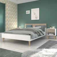 AALBORG Lit adulte 140x190 cm - Style Scandinave - Fabrication Française - Blanc et Chene(m-1)