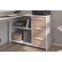 PARISOT Bureau d'angle 3 tiroirs - Décor Blanc / Chene - 121,2 x 74,5 x 111 cm - ESSENTIEL(m-3)
