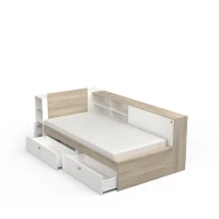 Lit enfant LIFE 1 personne - 90x190/200 - Rangements - Décor Chene et blanc - DEMEYERE - Fabriqué en France(m-3)