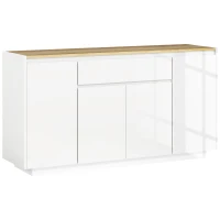 HOMCOM Aparador de Sala de Estar com 4 Portas Gaveta e Prateleiras Ajustáveis 140x40x75 cm Madeira e Branco Brilhante(m-1)