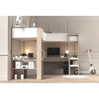 Lit double mezzanine combiné enfant ALEXANDRA avec 2 bureaux et rangements - 2x90x200 cm - Blanc/Chene - Sommiers inclus - PARISOT(m-4)