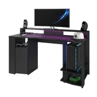 Bureau gaming LED droit - Noir - L 152 x P 61,5 x H 86,7 cm - Grande zone de jeu - GAMING(m-1)