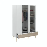 Chambre complete - AALBORG - Scandinave - Blanc / Chene - Lit 140 x 190 cm, 2 chevets, commode, armoire - PARISOT(m-4)