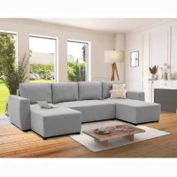 Canapé d'angle convertible panoramique PHARELL 5/6 places - Tissu souris - Coffre de rangement - L297 x P155 x H85 cm(m-2)