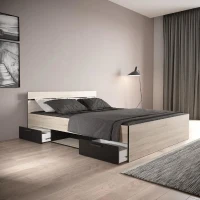 Lit double - DEMEYERE - MICHIGAN - 160 x 200 cm - Chene brossé et noir - 2 tiroirs et 1 niche(m-2)