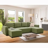Canapé d'angle convertible panoramique PHARELL 5/6 places - Tissu olive - Coffre de rangement - L297 x P155 x H85 cm(m-2)