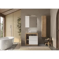Ensemble meuble Salle de bain 78cm simple vasque + colonne - Coloris chene clair et laqué blanc - HAMBOURG(m-1)