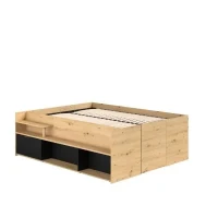 ODYSSEE Lit coffre adulte - 140x190 / 200 cm - Avec coffre relevable - Décor chene et noir - 166,2 x 66,5 x 205,8 cm(m-4)
