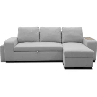 Canapé d'angle convertible réversible VALDO 3 a 4 places - Tissu Souris - Tablette avec USB - Coffre + Pouf - L247xP143xH86 cm(m-1)