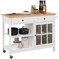 HOMCOM Carrello da Cucina in Legno Portavivande e Utensili, 2 Ruote Cassetti e Mensole, Multiuso e Salvaspazio, Bianco, 116.5x48x86.5cm(m-11)