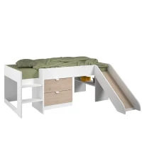 PARISOT SLIDE - Lit toboggan enfant - Décor Blanc et Chene Jackson - Sommier inclus - 90 x 200 cm(m-4)