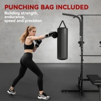 HOMCOM Home Gym Power Tower with Bench and Punching Bag, Multi-Function Adjustable Dip Sit Up Workout Station Equipment Heavy Duty for Home(m-5)